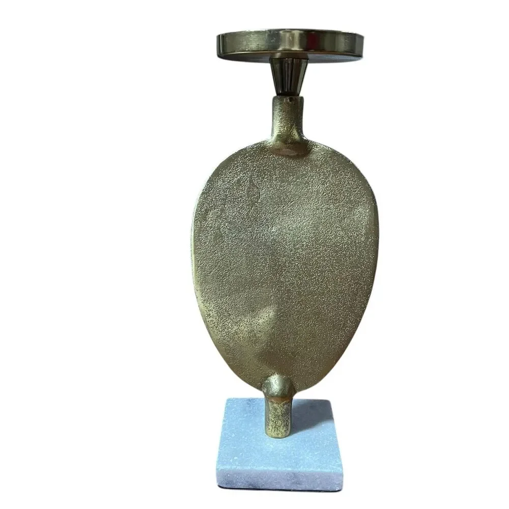 Bronze Metal Abstract Face Pillar Candle Holder Marble Base India Modern Decor